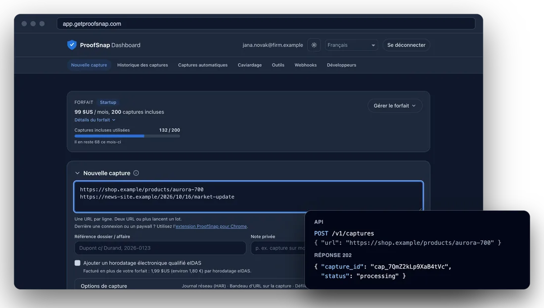 Le ProofSnap Dashboard sur app.getproofsnap.com avec la carte du forfait et une nouvelle capture par lot, à côté de la requête API correspondante et de sa réponse 202