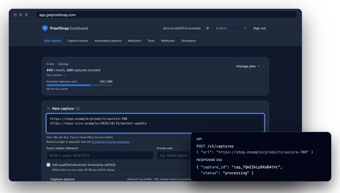 The ProofSnap Dashboard at app.getproofsnap.com with the plan card and a new batch capture, next to the matching API request and its 202 response