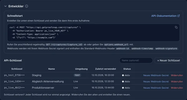 Bereich für Entwickler mit einem curl-Schnellstart sowie Live-API-Schlüsseln und Testschlüsseln