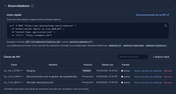 Sección Desarrolladores con una guía rápida en curl y claves de API de producción y de prueba