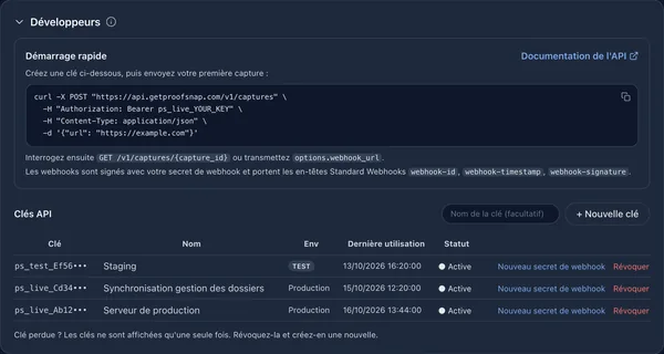 Section Développeurs avec un démarrage rapide en curl, et des clés API de production et de test