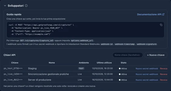 Sezione Sviluppatori con una guida rapida in curl e chiavi API di produzione e di prova