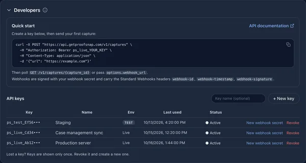 Developers section with a curl quick start, plus live and test API keys