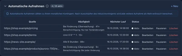 Liste automatischer Aufnahmen mit Änderungsüberwachung, einem Cron-Zeitplan und einem festen Intervall