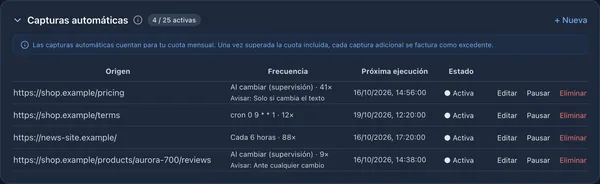 Lista de Capturas automáticas con una vigilancia de cambios, una programación cron y un intervalo fijo