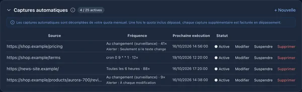 Liste des captures automatiques avec une surveillance des modifications, une planification cron et un intervalle fixe