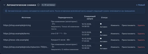 Список «Автоматические снимки» с мониторингом изменений, расписанием cron и фиксированным интервалом