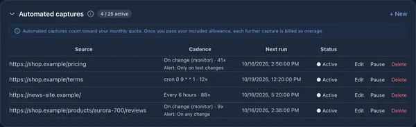 Automated captures list with change monitoring, a cron schedule and a fixed interval