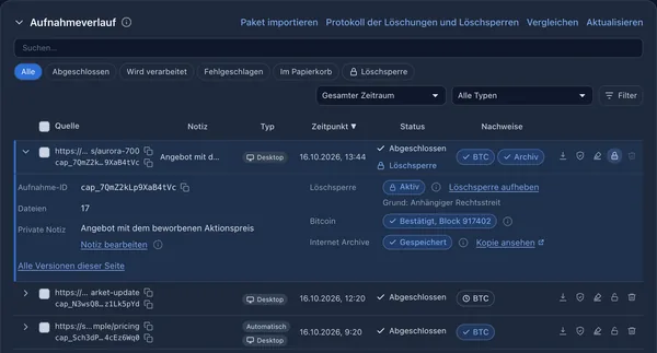 Aufnahmeverlauf mit einer Aufnahme unter Löschsperre, ihrer Bitcoin-Bestätigung und dem Snapshot im Internet Archive