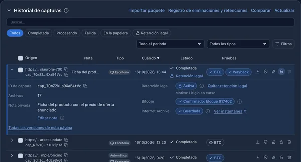 Historial de capturas con una captura en retención legal, su confirmación en Bitcoin y la instantánea en Internet Archive