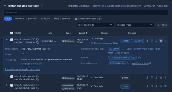 Historique des captures avec une capture sous conservation pour litige, sa confirmation Bitcoin et son instantané dans l'Internet Archive