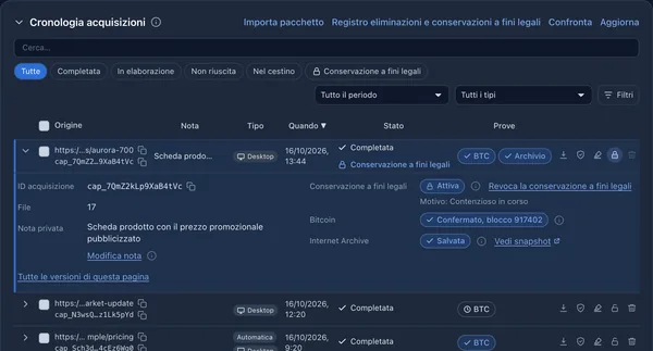 Cronologia acquisizioni con un'acquisizione sottoposta a blocco per controversia legale, la sua conferma Bitcoin e l'istantanea nell'Internet Archive