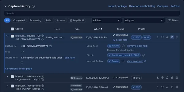 ProofSnap Dashboard capture history with a capture under legal hold, its Bitcoin confirmation and Internet Archive snapshot