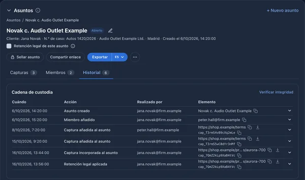 Espacio de un asunto con las acciones sellar, compartir y exportar y la cadena de custodia encadenada por hash