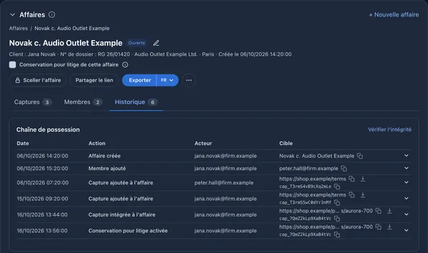 Espace d'une affaire avec les actions sceller, partager et exporter, et la chaîne de traçabilité liée par empreintes