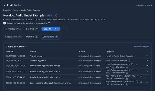 Area di una pratica con le azioni sigilla, condividi ed esporta e la catena di custodia concatenata tramite hash