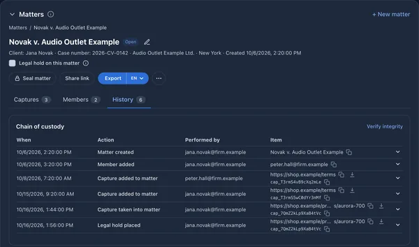 Matter workspace with seal, share and export actions and the hash-chained chain of custody