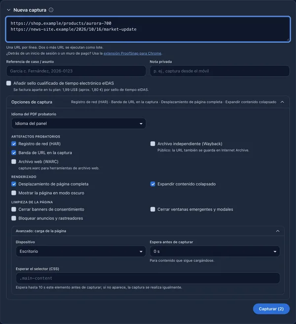 El formulario Nueva captura del panel con dos URL y las opciones de captura para artefactos probatorios, renderizado y limpieza de la página