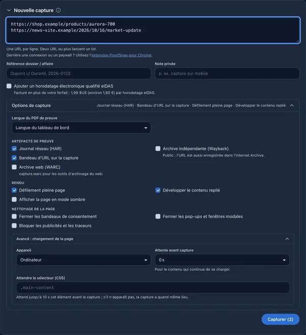 Le formulaire Nouvelle capture du tableau de bord avec deux URL et les options de capture pour les artefacts de preuve, le rendu et le nettoyage de la page