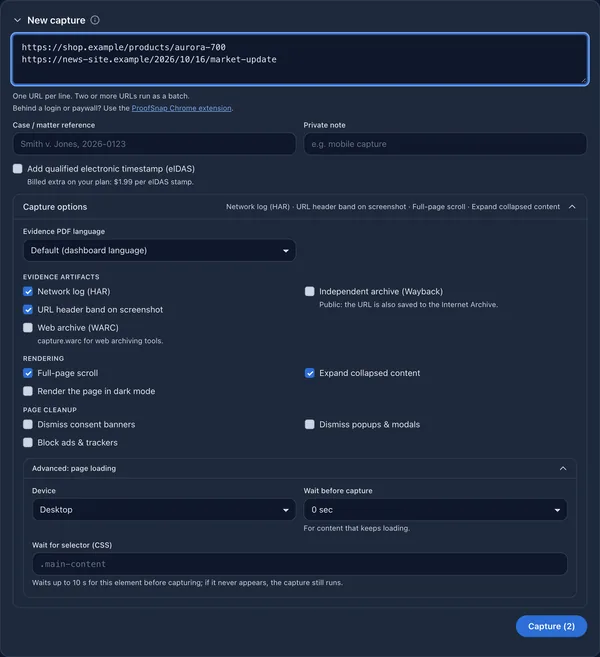 The dashboard's New capture form with two URLs and the capture options for evidence artifacts, rendering and page cleanup