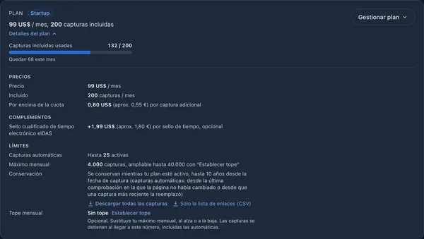 Tarjeta del plan con las capturas incluidas usadas este mes, los precios, los límites, la conservación y el tope mensual