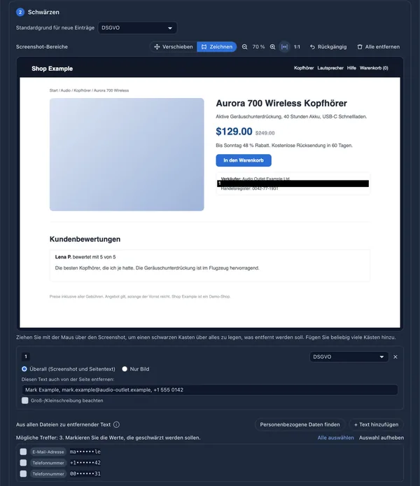 Schwärzungseditor mit einem schwarzen Balken über der Kontaktzeile eines Verkäufers auf einer Demo-Shopseite, einer Liste der aus den Seitendateien entfernten Textstellen und einer Liste erkannter personenbezogener Daten