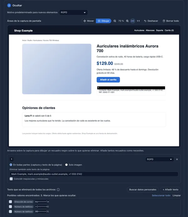 Editor de ocultación de datos con un recuadro negro sobre la línea de contacto del vendedor de una tienda de demostración, la lista de textos eliminados de los archivos de la página y la lista de datos personales detectados