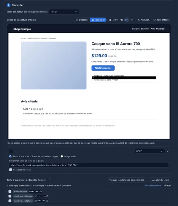 Éditeur de caviardage avec un rectangle noir sur la ligne de contact du vendeur d'une boutique de démonstration, une liste des textes supprimés des fichiers de la page et une liste des données personnelles détectées