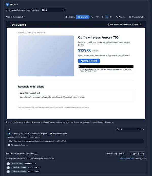 Editor di oscuramento con un riquadro nero sulla riga dei contatti del venditore di un negozio dimostrativo, l'elenco dei testi rimossi dai file della pagina e l'elenco dei dati personali individuati