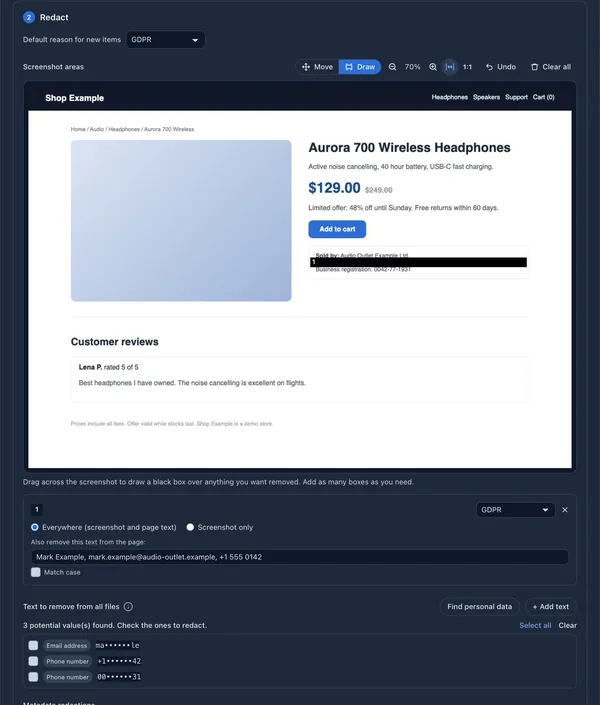 Redaction editor with a black box over a seller contact line on a demo shop page, a list of text strings removed from the page files and a list of detected personal data