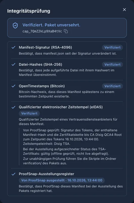Integritätsprüfung einer Aufnahme im Dashboard: Manifest-Signatur, Datei-Hashes, OpenTimestamps, eIDAS und das ProofSnap-Ausstellungsregister, alles bestätigt