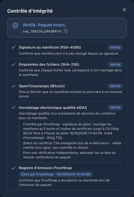 Contrôle d'intégrité d'une capture dans le tableau de bord&nbsp;: signature du manifeste, empreintes des fichiers, OpenTimestamps, eIDAS et registre d'émission ProofSnap, tous vérifiés