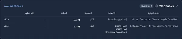 قائمة Webhooks بالعربية مع نقاط نهاية مسجّلة لتلقي أحداث عمليات الالتقاط وتغييرات الصفحات
