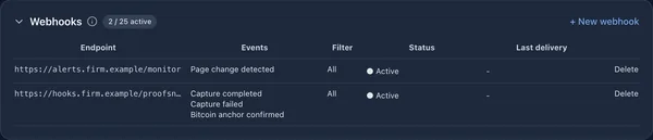 Webhooks list with endpoints subscribed to capture and page change events