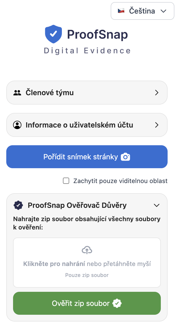 ProofSnap Chrome rozšíření zachycující webovou stránku jako soudně uznatelný důkaz s blockchainovým časovým razítkem