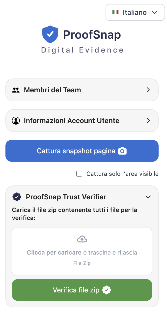 Estensione Chrome ProofSnap che cattura una pagina web come prova legale con timestamp blockchain