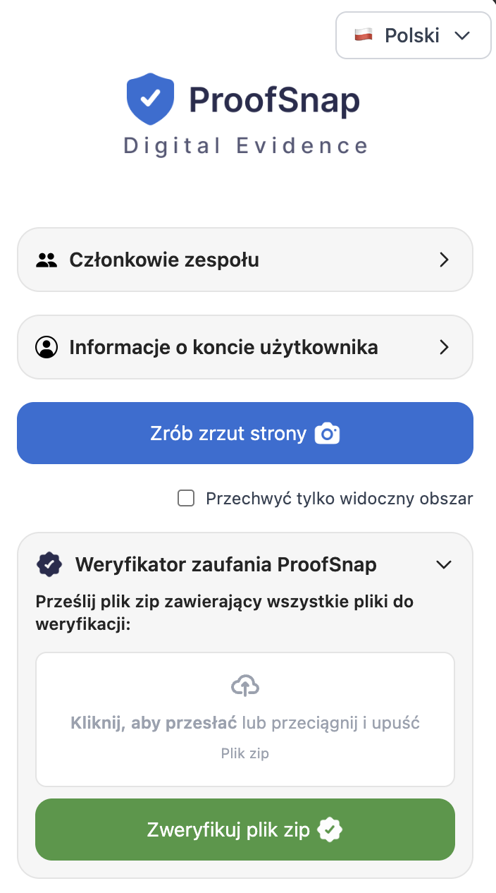 Rozszerzenie ProofSnap Chrome: Zabezpiecz stronę internetową jako dowód dopuszczalny w sądzie z hashem SHA-256, podpisem cyfrowym i znacznikiem czasu blockchain — zgodne z eIDAS 2