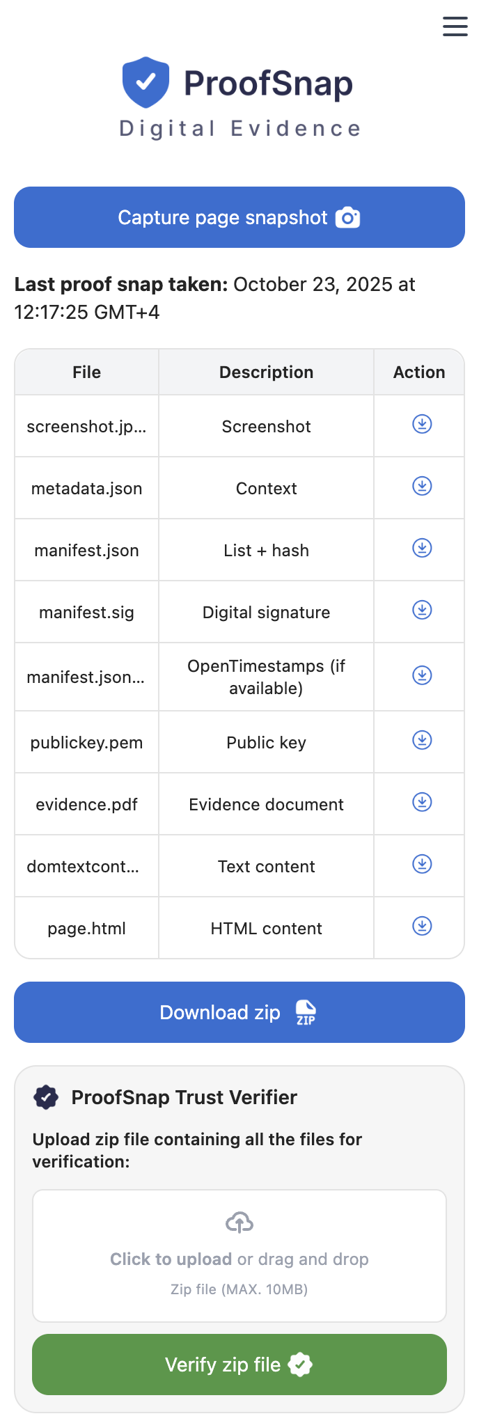 ProofSnap download options screenshot