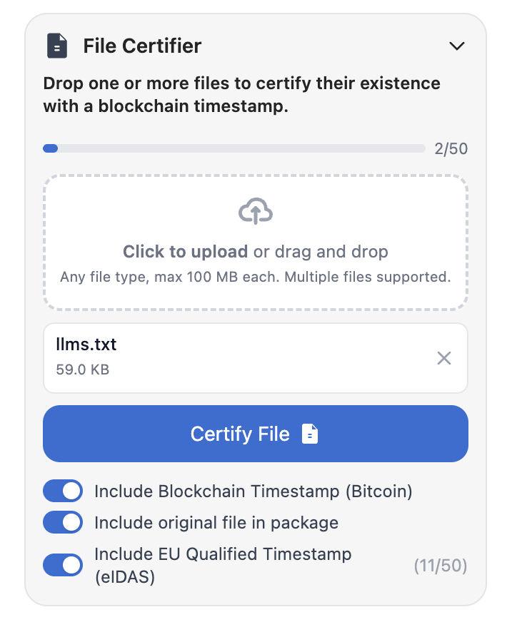 ProofSnap File Certifier &mdash; drag and drop files, blockchain timestamp (Bitcoin), eIDAS qualified timestamp, provenance certificate
