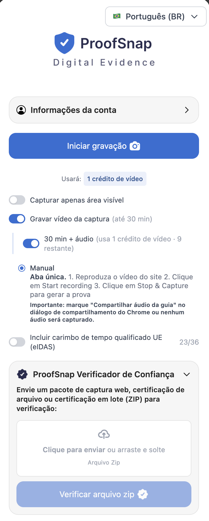 ProofSnap Video SnapPack para audiências de guarda &mdash; capture TikTok, Instagram, Facebook Live ou YouTube do(a) outro(a) genitor(a) com áudio da aba, hash SHA-256, âncora OpenTimestamps em blockchain, carimbo eIDAS qualificado
