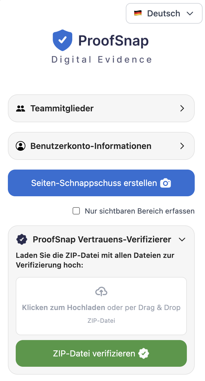 ProofSnap Chrome-Erweiterung: Webseite als gerichtsfesten Beweis sichern mit SHA-256-Hash, digitaler Signatur und Blockchain-Zeitstempel — § 371 ZPO konform