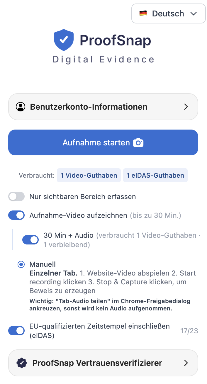 ProofSnap Video SnapPack f&uuml;r Sorgerechtsanh&ouml;rungen &mdash; Co-Elternteils TikTok, Instagram, Facebook Live oder YouTube-Video mit Tab-Audio, SHA-256-Hash, OpenTimestamps Bitcoin-Anker und qualifiziertem eIDAS-Zeitstempel sichern
