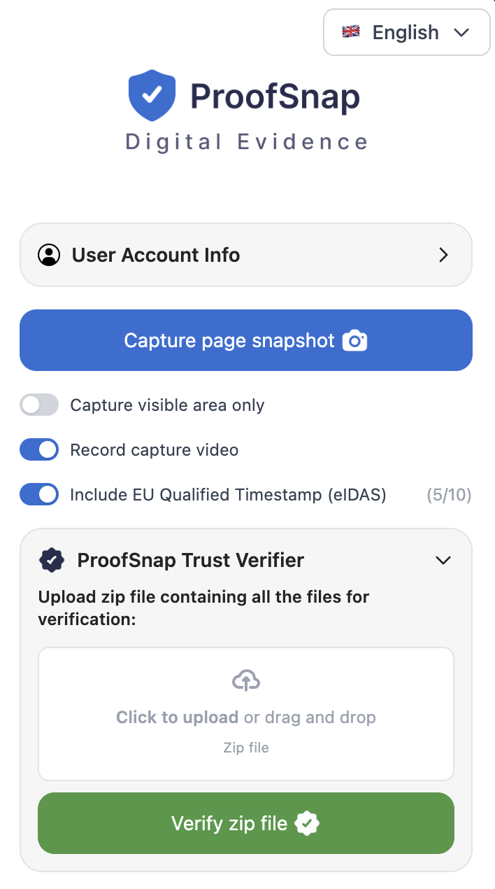 ProofSnap Chrome extension side panel — capture page snapshot, record video, EU qualified timestamp (eIDAS), and Trust Verifier
