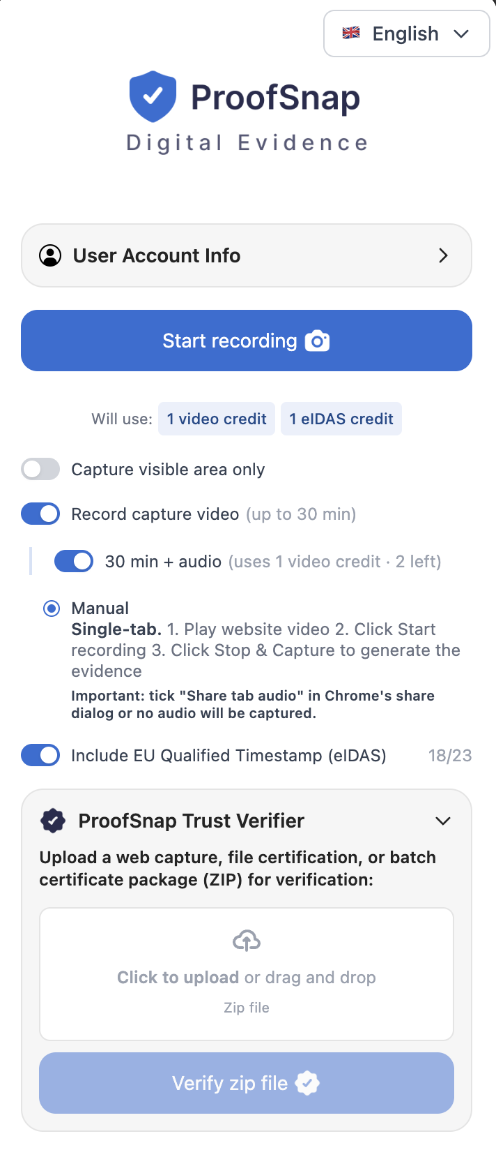 ProofSnap Video SnapPack &mdash; longform video capture (TikTok, YouTube, Twitch, Kick, Instagram Reels), tab audio, SHA-256 hash, OpenTimestamps blockchain anchor, EU eIDAS qualified timestamp