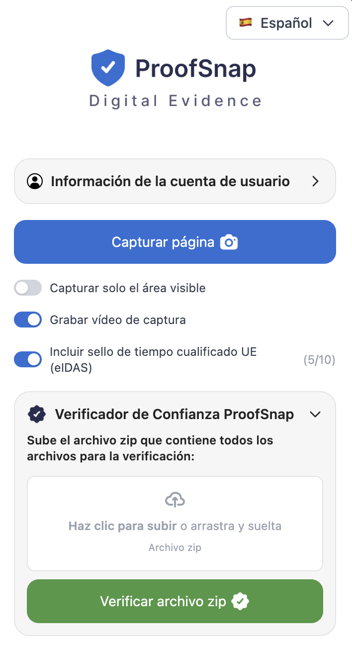 Extensi&oacute;n ProofSnap para Chrome &mdash; captura de p&aacute;gina, grabaci&oacute;n de v&iacute;deo, marca temporal cualificada UE (eIDAS) y Trust Verifier