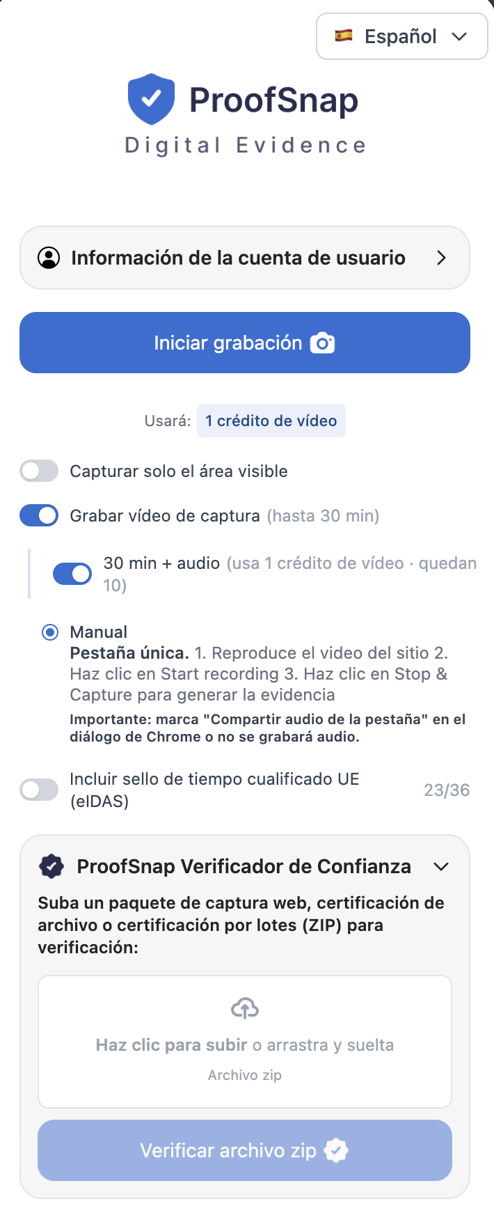 ProofSnap Video SnapPack para audiencias de custodia &mdash; captura del v&iacute;deo TikTok, Instagram, Facebook Live o YouTube del co-progenitor con audio de pesta&ntilde;a, hash SHA-256, anclaje blockchain OpenTimestamps y sello de tiempo cualificado eIDAS