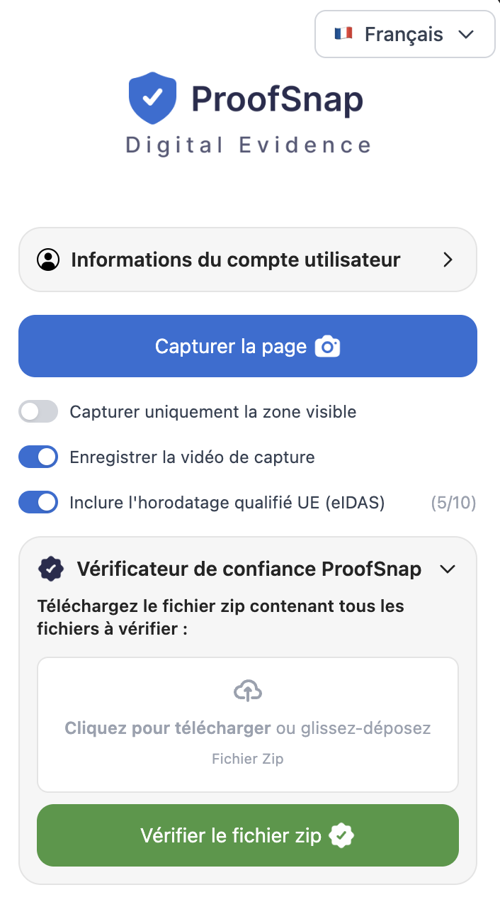Extension Chrome ProofSnap &mdash; capture de page, enregistrement vid&eacute;o, horodatage qualifi&eacute; UE (eIDAS) et Trust Verifier