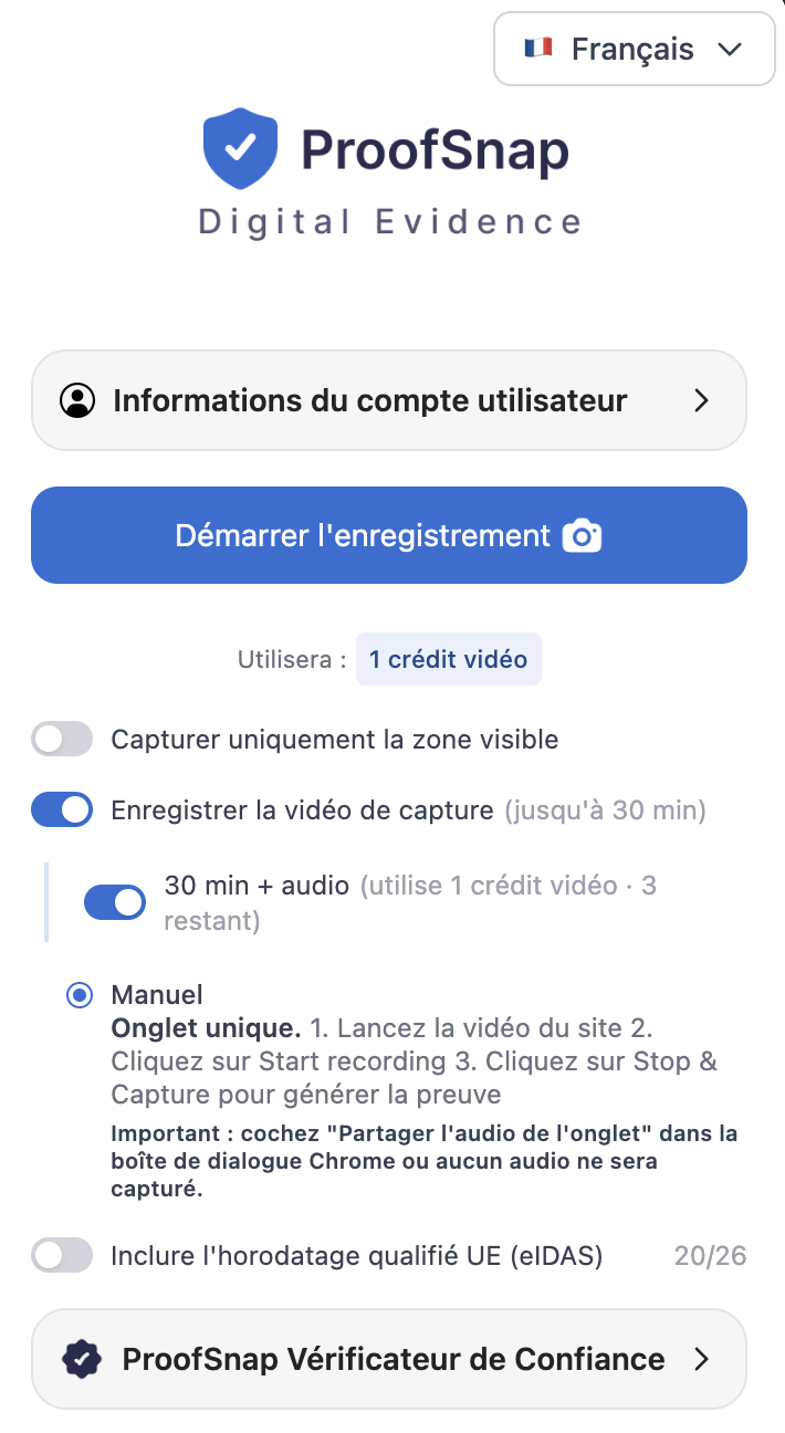 ProofSnap Video SnapPack &mdash; capture vid&eacute;o forensique longue dur&eacute;e (TikTok, YouTube, Twitch, Kick, Instagram Reels), audio d'onglet, empreinte SHA-256, ancrage blockchain OpenTimestamps, horodatage qualifi&eacute; eIDAS