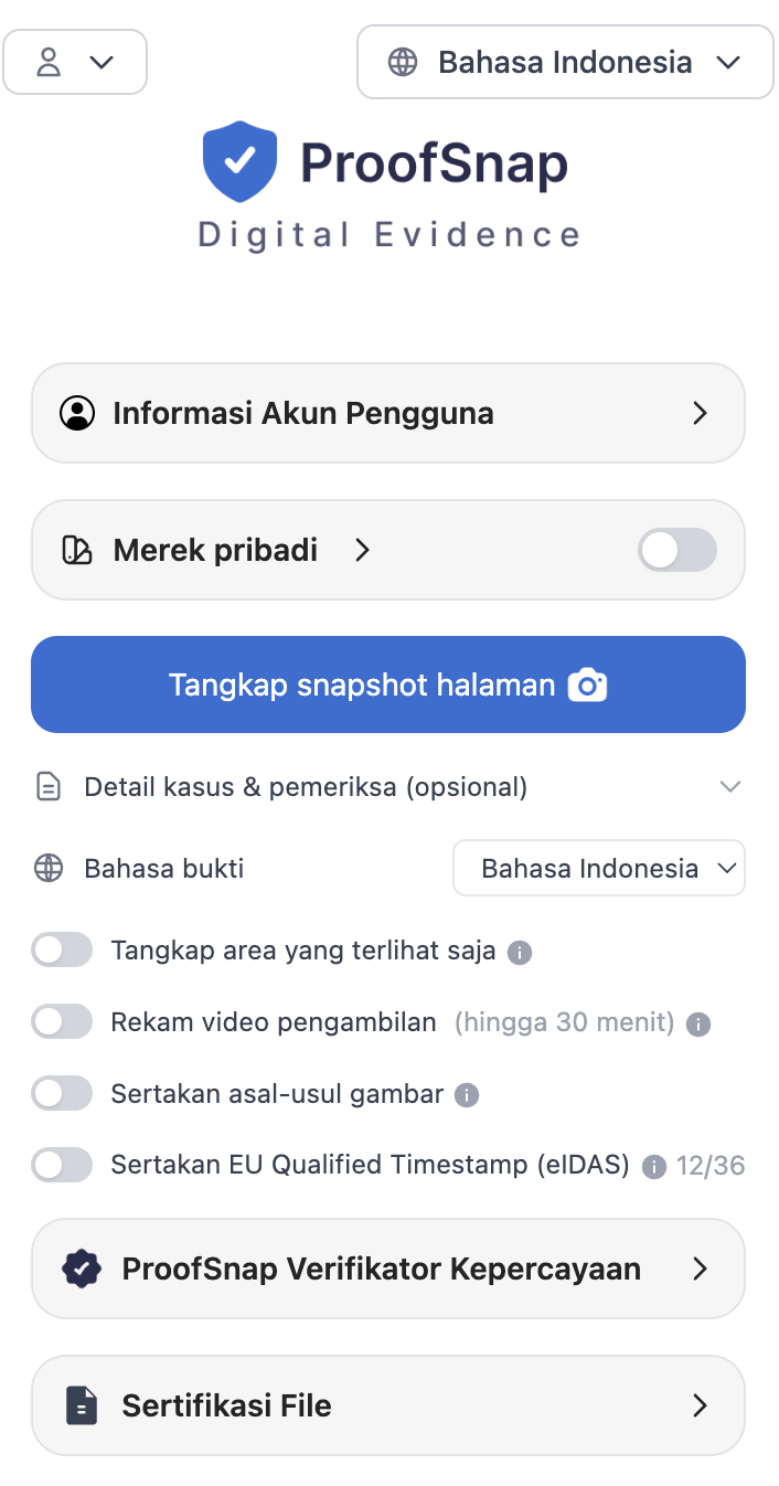 Panel samping ekstensi ProofSnap untuk Chrome: kunci seluruh halaman, rekam video, cap waktu di blockchain dan hash SHA-256, verifikasi paket di alat verifikasi