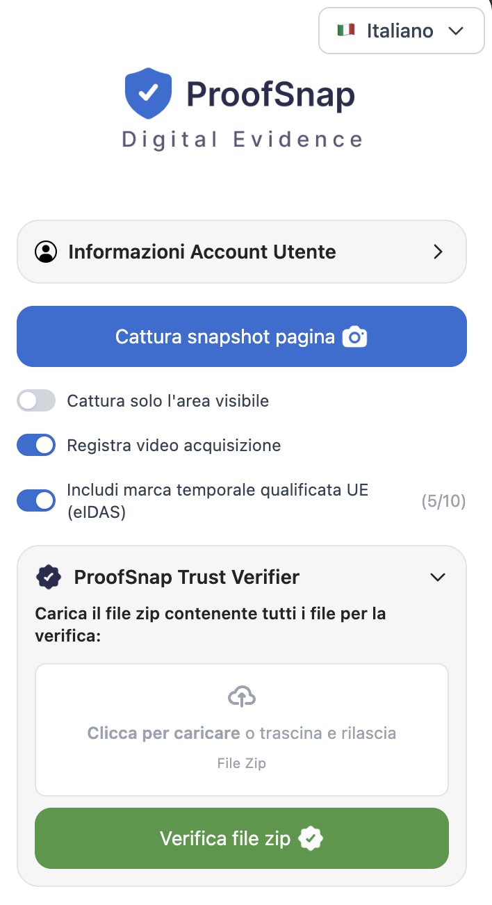 Estensione Chrome ProofSnap &mdash; cattura pagina, registra video, timestamp qualificato UE (eIDAS) e Trust Verifier